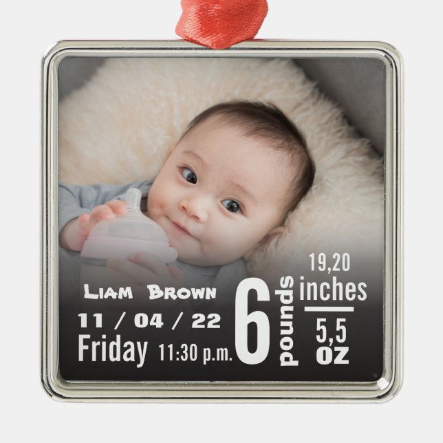 Baby Birth Stats, Birth Record, & Christmas Photo Metal Tree Decoration (Front)