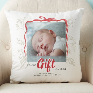 Baby Birth Stats Christmas Red Bow Holiday Photo Cushion