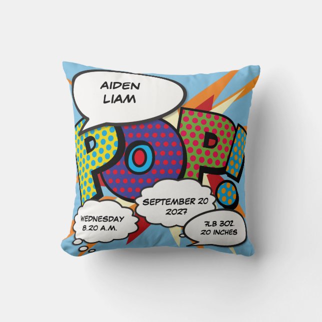 Baby Birth Stats Colourful Fun Comic Book Keepsake Cushion (Front)