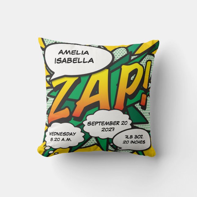 Baby Birth Stats Comic Book Pop Art Keepsake Cushion (Front)