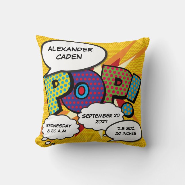 Baby Birth Stats Comic Book Pop Art Keepsake Cushion (Front)
