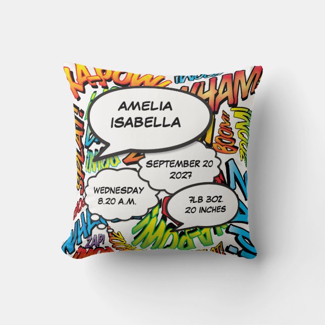 Baby Birth Stats Comic Book Pop Art Keepsake Cushion (Front)