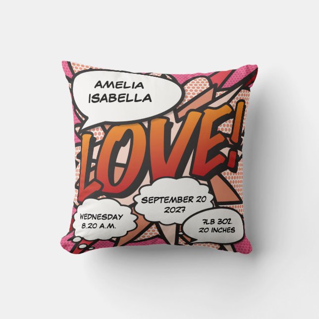 Baby Birth Stats Comic Book Pop Art Keepsake Cushion (Front)