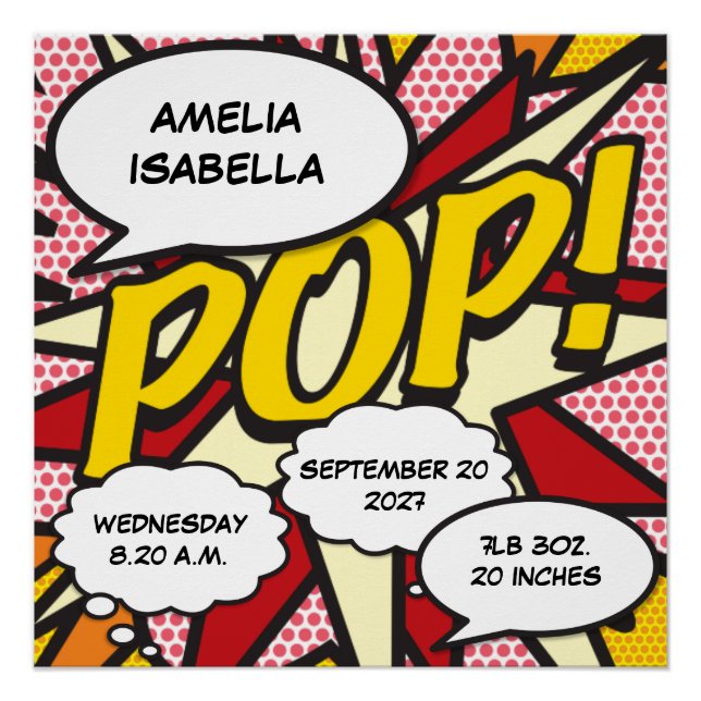 Baby Birth Stats Comic Book Pop Art Keepsake Poster (Front)