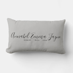 Baby Birth Stats, dove grey, modern trendy Lumbar Cushion