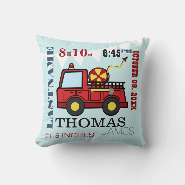 Baby Birth Stats Fire Truck Cushion (Front)