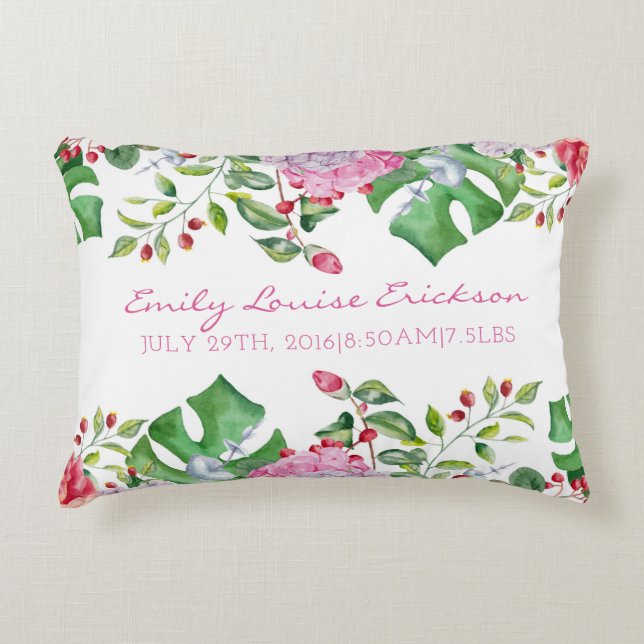 Baby Birth Stats Girl Floral Name Tropical Decorative Cushion (Front)