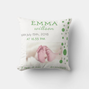 Baby Birth Stats Green Circles Photo Cushion