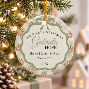 Baby Birth Stats Green Gingham Floral Ceramic Tree Decoration
