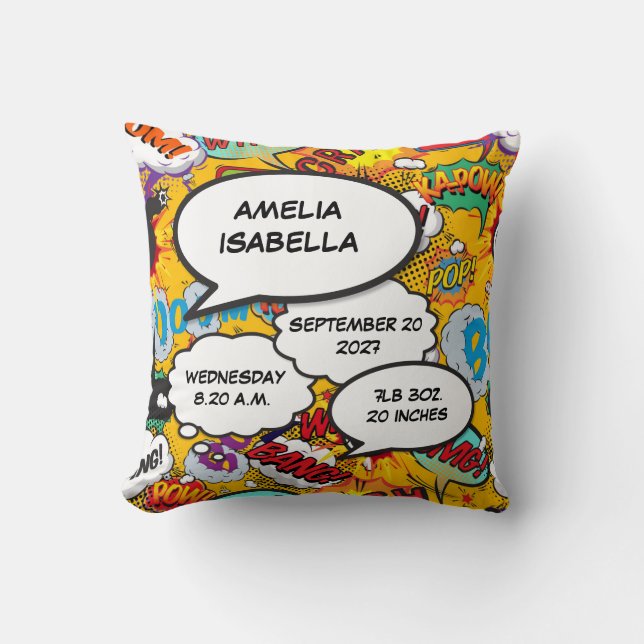 Baby Birth Stats Modern Fun Comic Book Keepsake Cushion (Front)