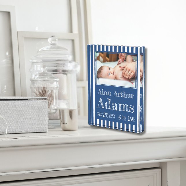 Baby Birth Stats Photo Block | Blue Stripes (Creator Uploaded)