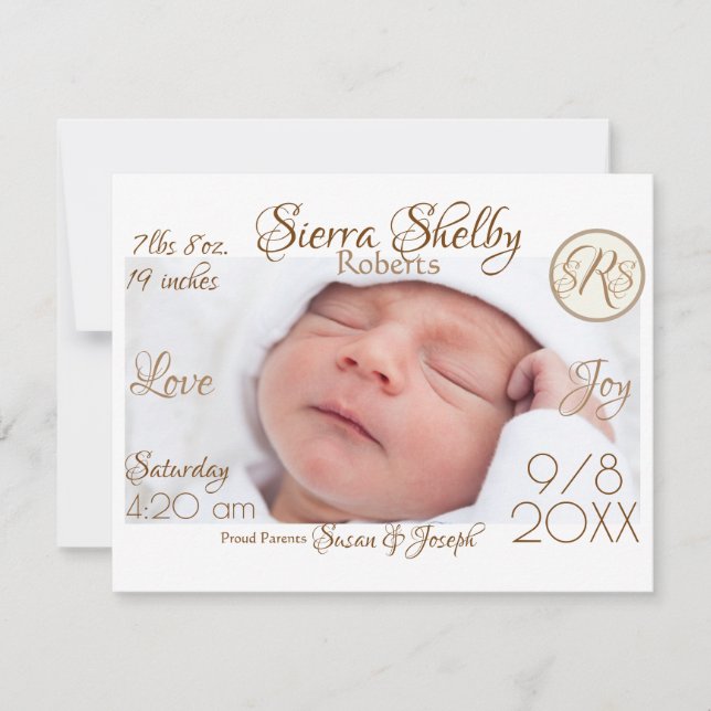 Baby Birth Stats & Photo Monogram Custom Keepsake Card (Front)