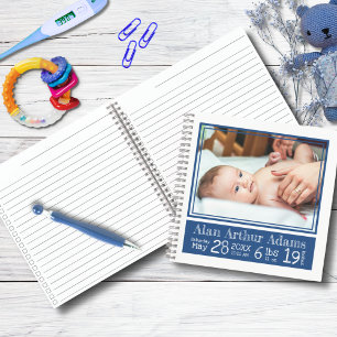 Baby Birth Stats Photo Notebook   Blue Stripes