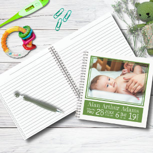 Baby Birth Stats Photo Notebook   Green Stripes