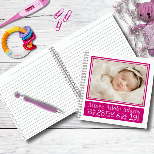 Baby Birth Stats Photo Notebook   Magenta Stripes