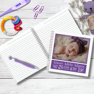 Baby Birth Stats Photo Notebook   Purple Stripes