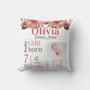 Baby Birth Stats Pink and Peach Floral Throw Pillo Cushion