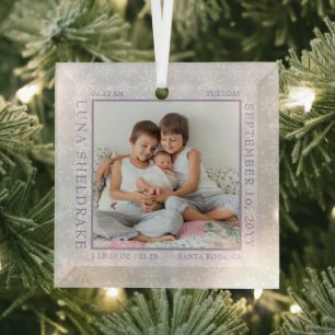 Baby Birth Stats Snowflake Photo Frame Lavender Glass Tree Decoration