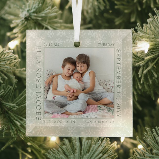 Baby Birth Stats White Snowflake Photo Frame Green Glass Tree Decoration (Insitu)