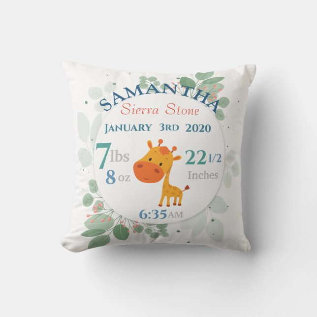 Baby Birth Stats with Giraffe and Bordered Leaves Cushion (Front)