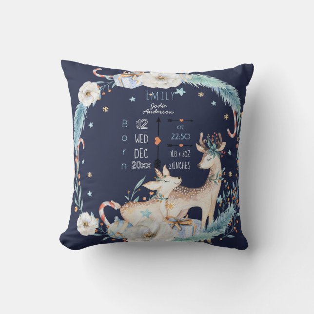 Baby Birth Stats Woodland Deer Winter Holidays Cushion (Front)