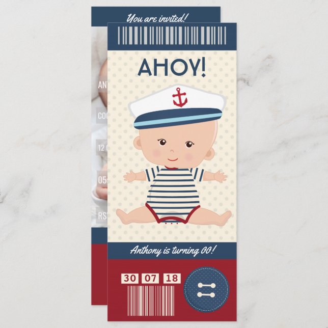 Baby Birthday Nautical Boarding Pass Ticket photo Invitation (Front/Back)
