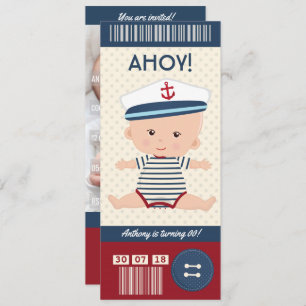 Baby Birthday Nautical Boarding Pass Ticket photo Invitation