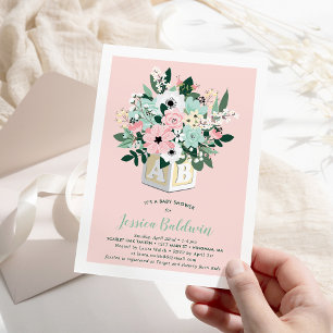 Baby Block Flowers Pink Mint Baby Shower Invitation