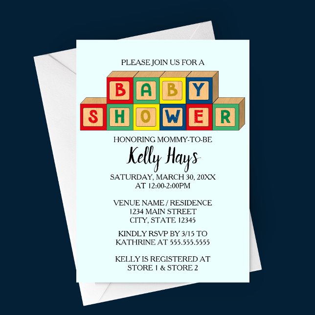 Baby Blocks Baby Shower Invitation (Baby Blocks Baby Shower Invitation with light blue background and multi colored baby blocks)