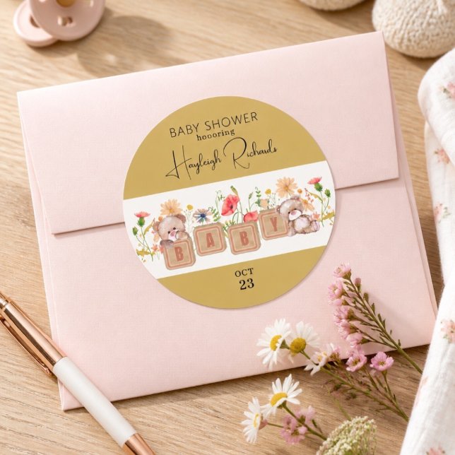 Baby Blocks, Bears, and Wildflowers Classic Round Sticker (Creator Uploaded)