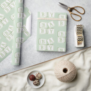 Baby Blocks Typography Green Watercolor Shower  Wrapping Paper