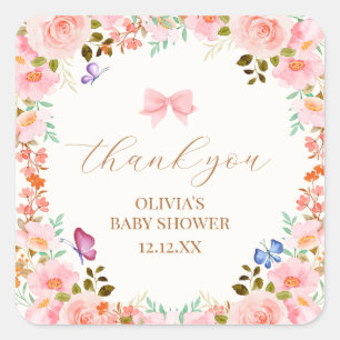 Baby Bloom Floral Butterfly Baby Shower Thank You Square Sticker