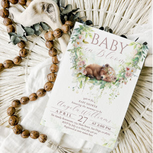 Baby Bloom Floral Woodland Bear Baby Girl Shower Invitation