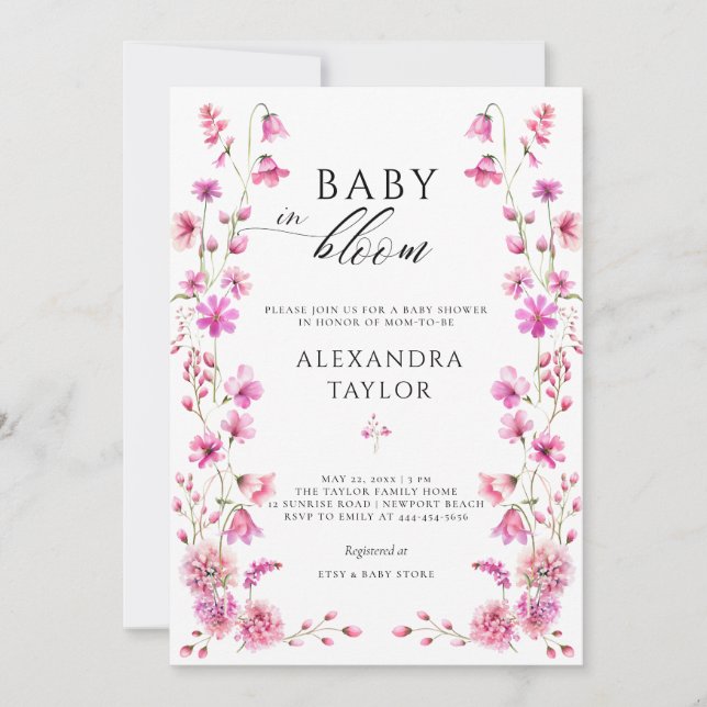Baby Bloom Wildflower Garden Bold Pink Girl Shower Invitation (Front)