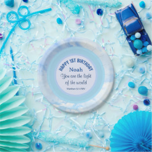 Baby Blue 1st Birthday Christian Faith Bible Verse Paper Plate