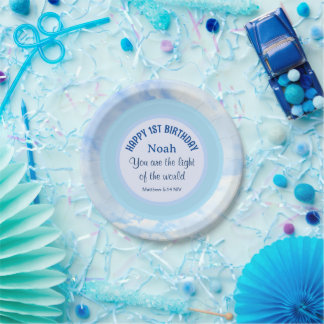 Baby Blue 1st Birthday Christian Faith Bible Verse Paper Plate