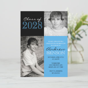 Baby Blue and Black Classic 2 Photo Graduation Invitation