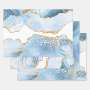 Baby Blue and Faux Gold Glitter Marble Agate Wrapping Paper Sheet