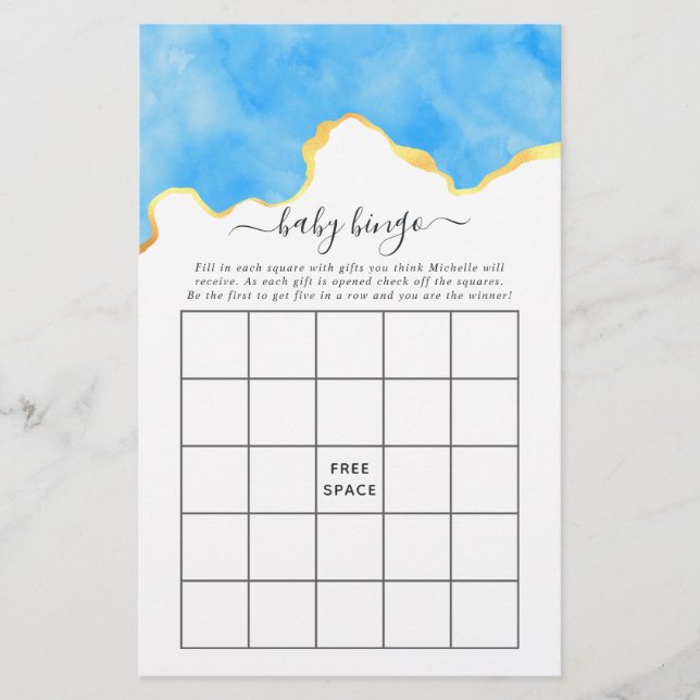 Baby Blue and Gold Agate Boy Baby Shower Bingo (Front)