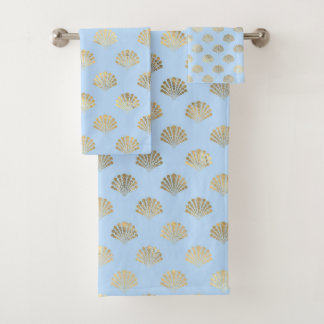 Baby Blue and Gold Art Deco Vintage Floral Pattern Bath Towel Set