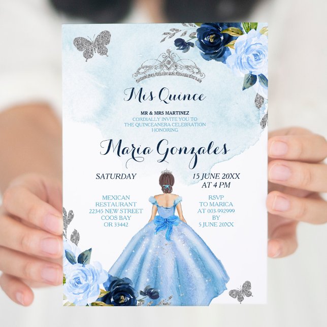 Baby Blue and Navy Butterfly 3 Charra Quinceanera  Invitation (Creator Uploaded)