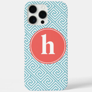 Baby Blue and Orange Greek Key Pattern Monogram iPhone 16 Pro Max Case