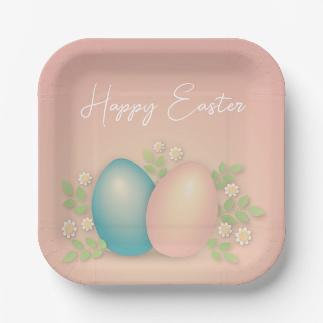 Baby blue and pink easter eggs and spring floral paper plate (Front)
