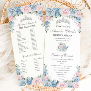 Baby Blue and Pink Floral Quinceañera Order Events Programme