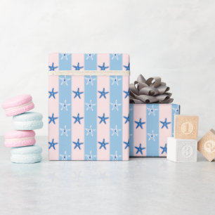 Baby Blue and Pink Stripes Summer Ocean Starfish Wrapping Paper