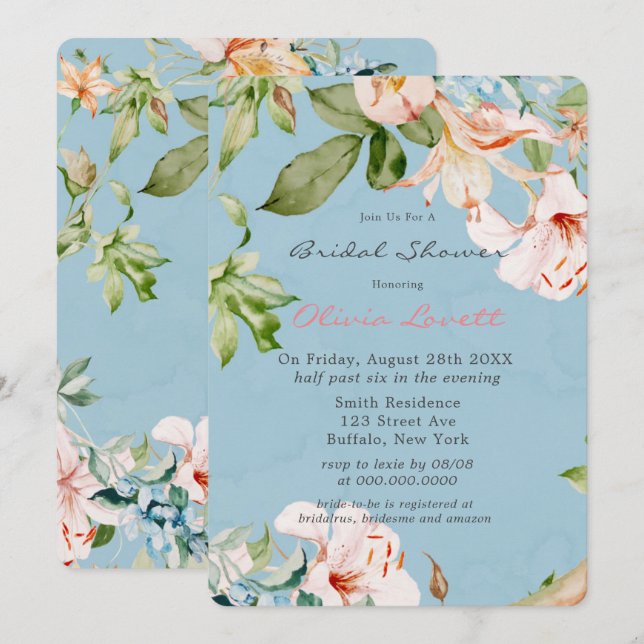 Baby Blue and Pink watercolor Lily Bridal Shower Invitation (Front/Back)