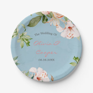 Baby Blue and Pink Watercolor Lily Wedding Paper Plate