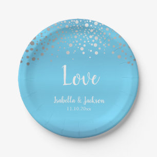 Baby Blue and Silver Confetti Dots Paper Plate