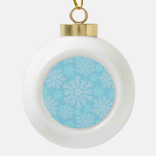 Baby Blue And White Christmas Snowflakes Pattern Ceramic Ball Christmas Ornament (Front)