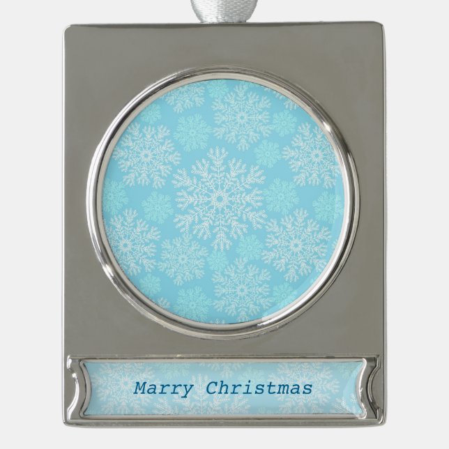 Baby Blue And White Christmas Snowflakes Pattern Silver Plated Banner Ornament (Front)